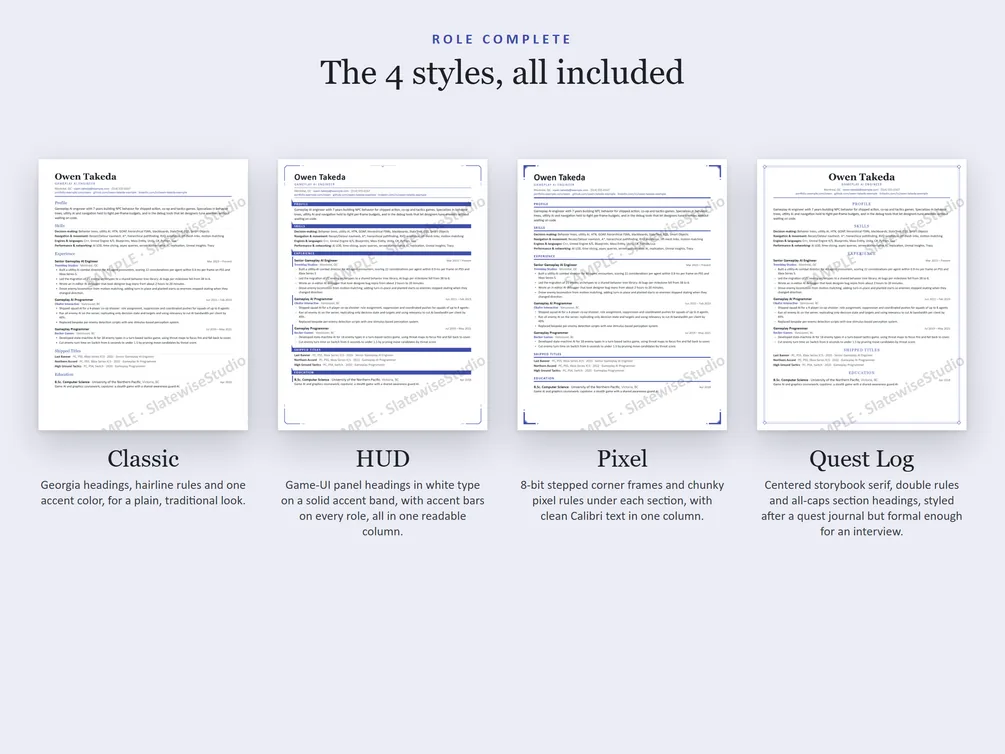 The four styles of the Gameplay AI Engineer resume side by side: Classic, HUD, Pixel and Quest Log.