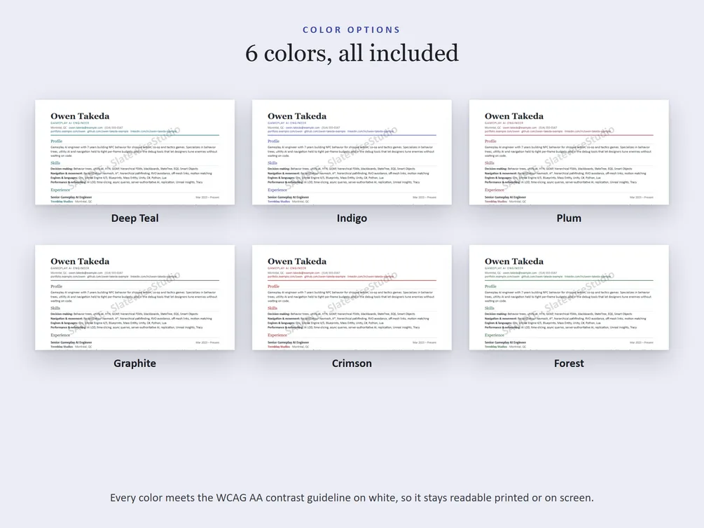 The six colors each resume comes in: Deep Teal, Indigo, Plum, Graphite, Crimson and Forest.