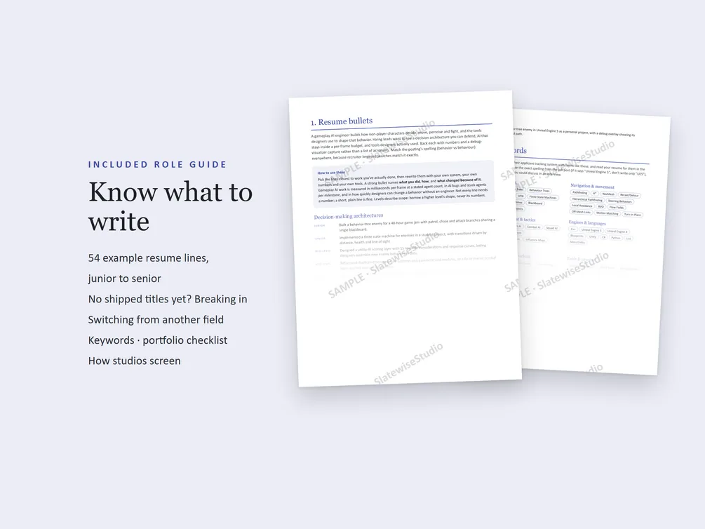 Pages from the Gameplay AI Engineer role guide, with example resume lines and advice on what to write.