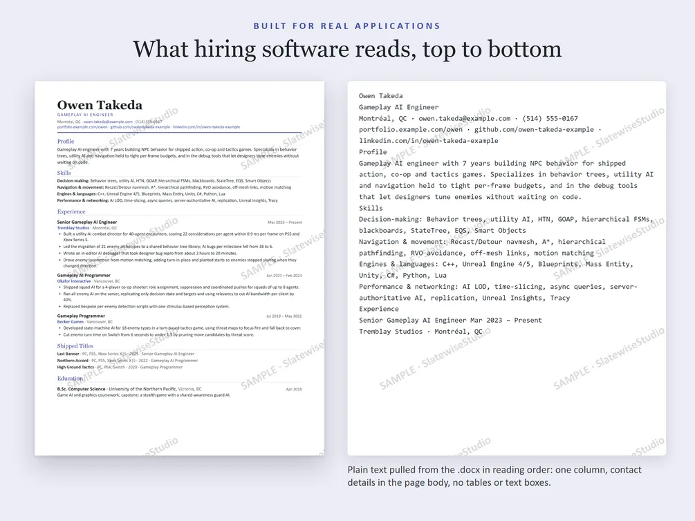 A sample Gameplay AI Engineer resume next to the plain text pulled from the file, in the same order.