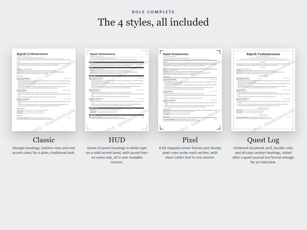 The four styles of the Network Programmer resume side by side: Classic, HUD, Pixel and Quest Log.