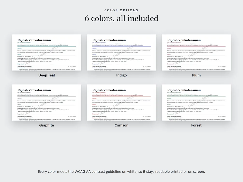 The six colors each resume comes in: Deep Teal, Indigo, Plum, Graphite, Crimson and Forest.