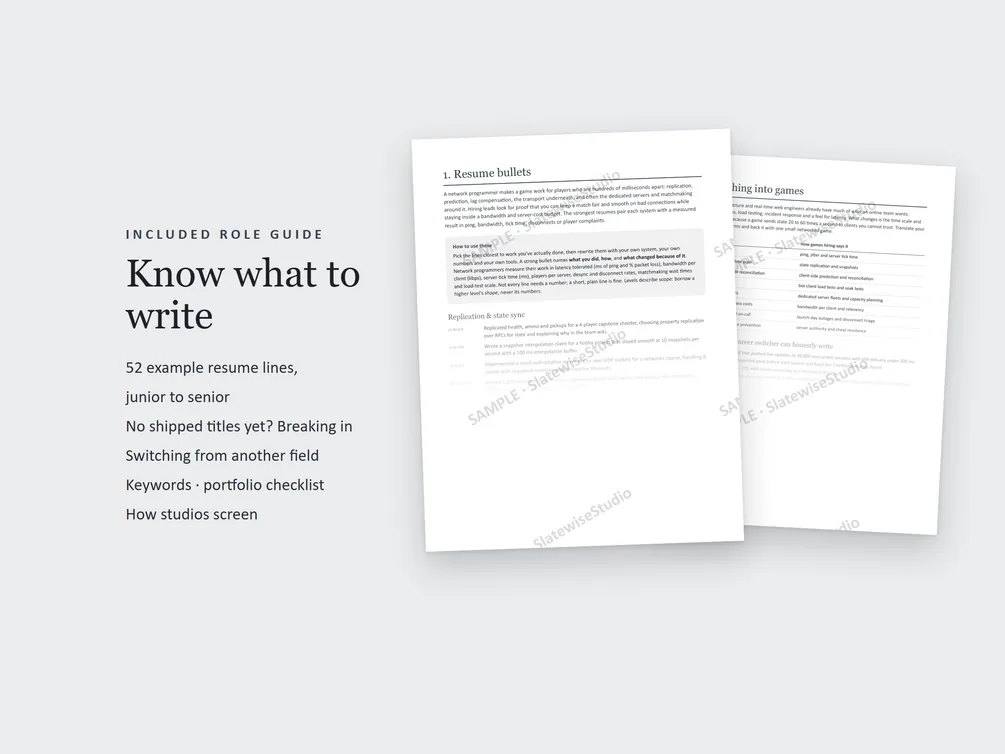 Pages from the Network Programmer role guide, with example resume lines and advice on what to write.