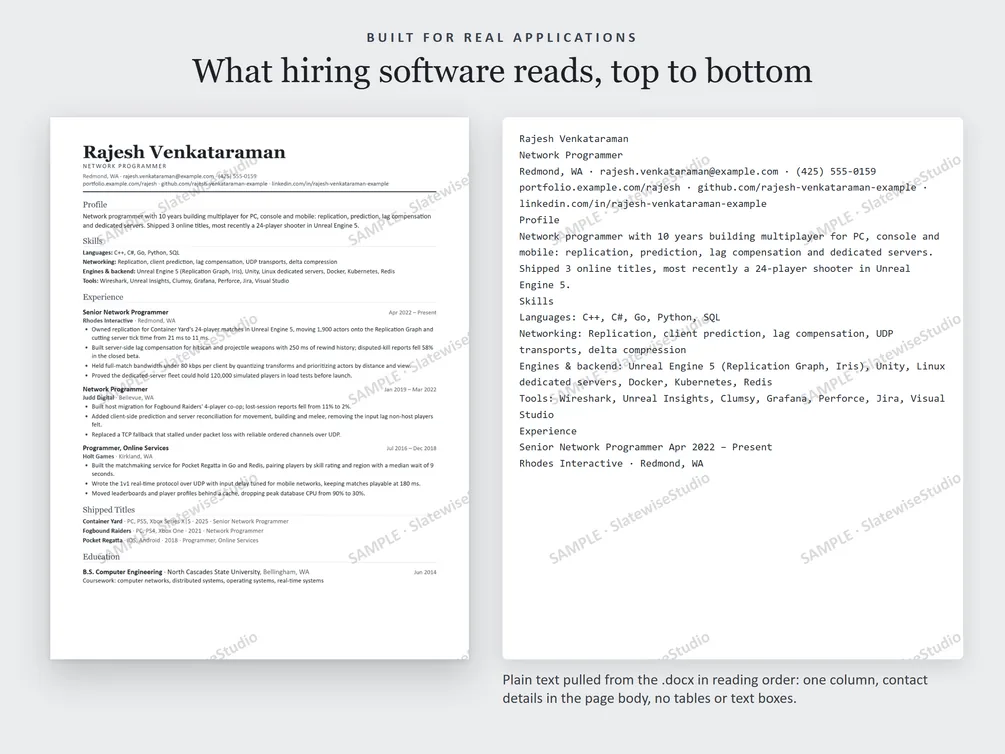 A sample Network Programmer resume next to the plain text pulled from the file, in the same order.