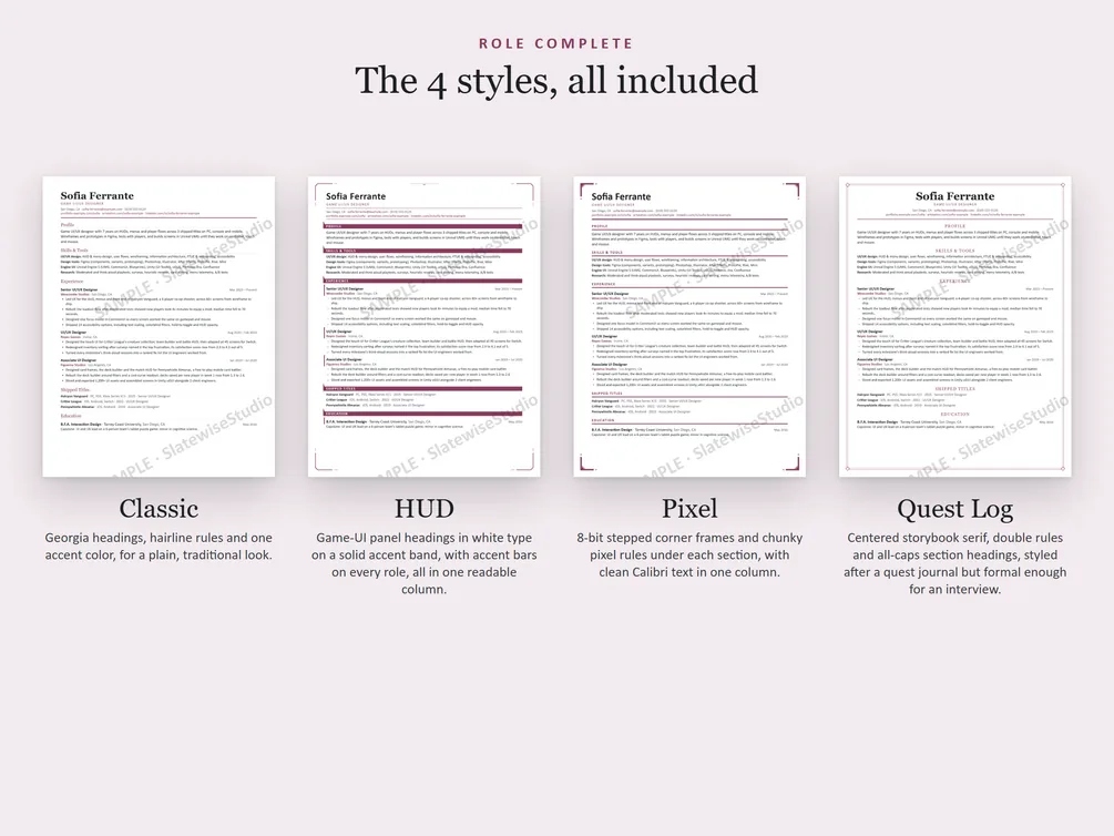 The four styles of the UI/UX Designer resume side by side: Classic, HUD, Pixel and Quest Log.