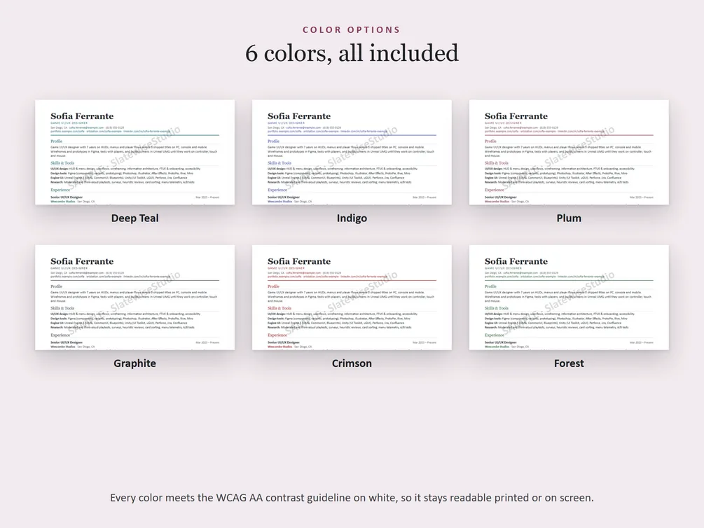 The six colors each resume comes in: Deep Teal, Indigo, Plum, Graphite, Crimson and Forest.