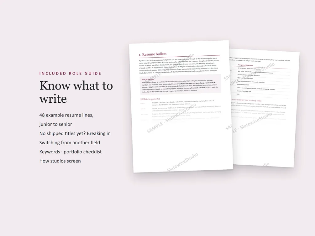 Pages from the UI/UX Designer role guide, with example resume lines and advice on what to write.