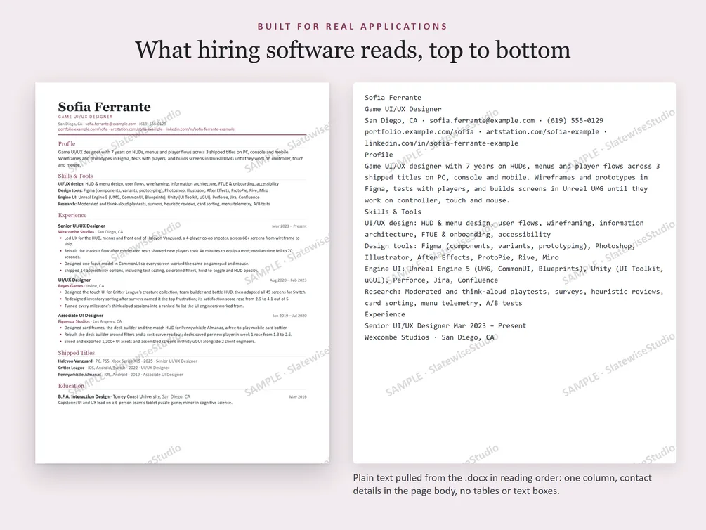 A sample UI/UX Designer resume next to the plain text pulled from the file, in the same order.