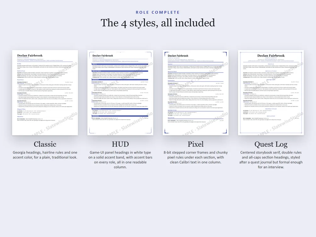 The four styles of the Game Animator resume side by side: Classic, HUD, Pixel and Quest Log.