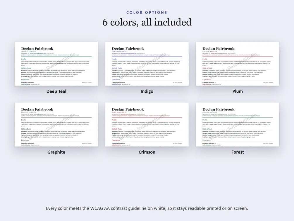 The six colors each resume comes in: Deep Teal, Indigo, Plum, Graphite, Crimson and Forest.