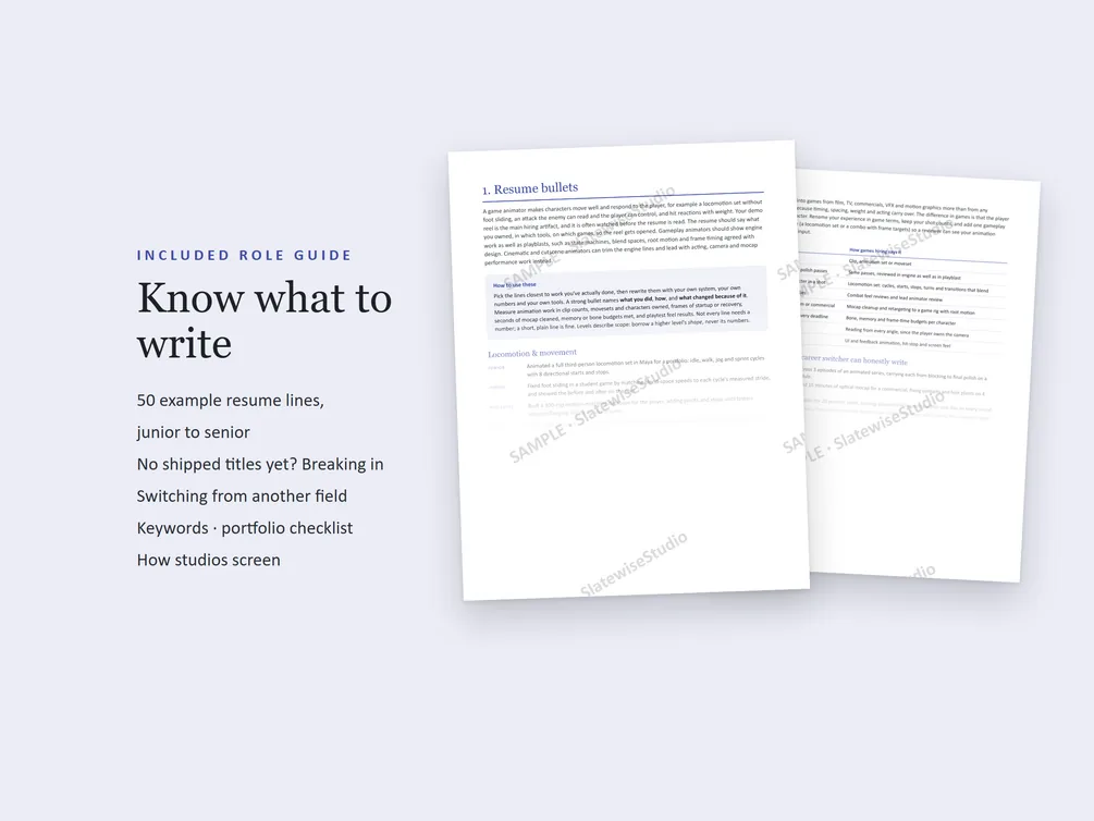 Pages from the Game Animator role guide, with example resume lines and advice on what to write.