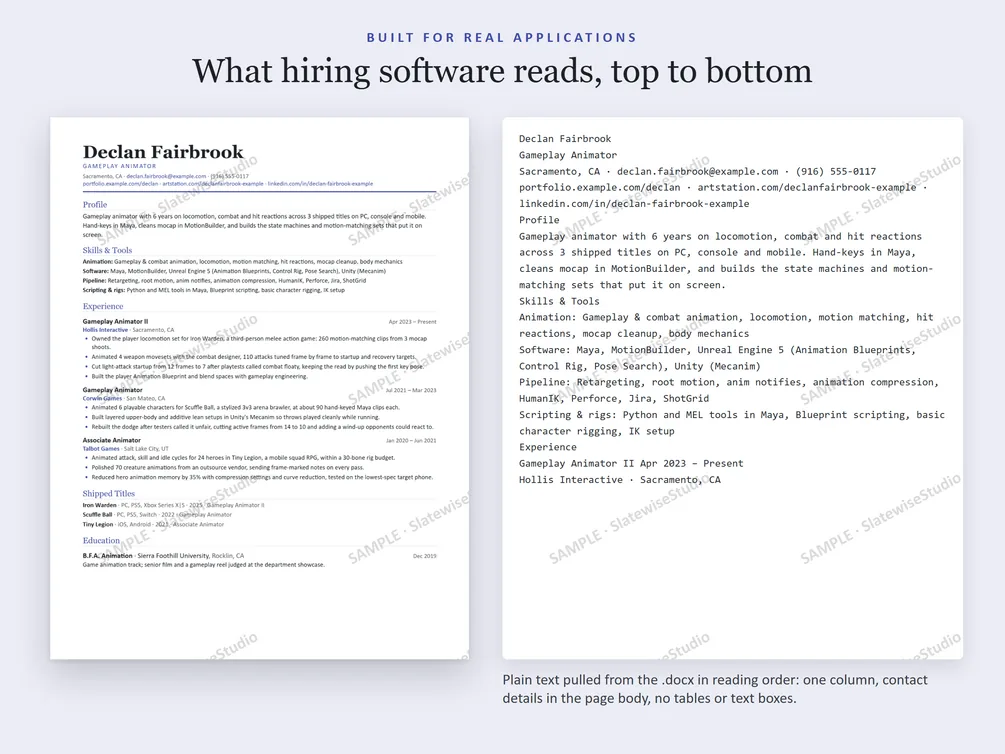 A sample Game Animator resume next to the plain text pulled from the file, in the same order.