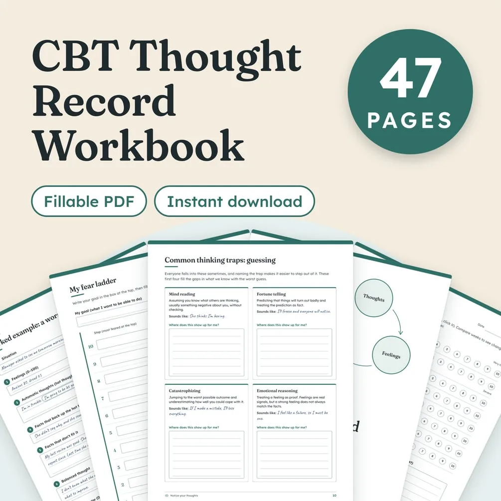The CBT Thought Record Workbook cover: 47 pages, a fillable PDF and an instant download, in front of a spread of its worksheets.