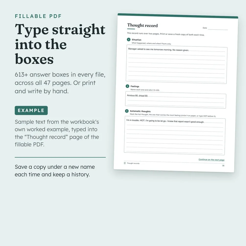 The Thought record worksheet with sample answers typed into its fillable boxes.