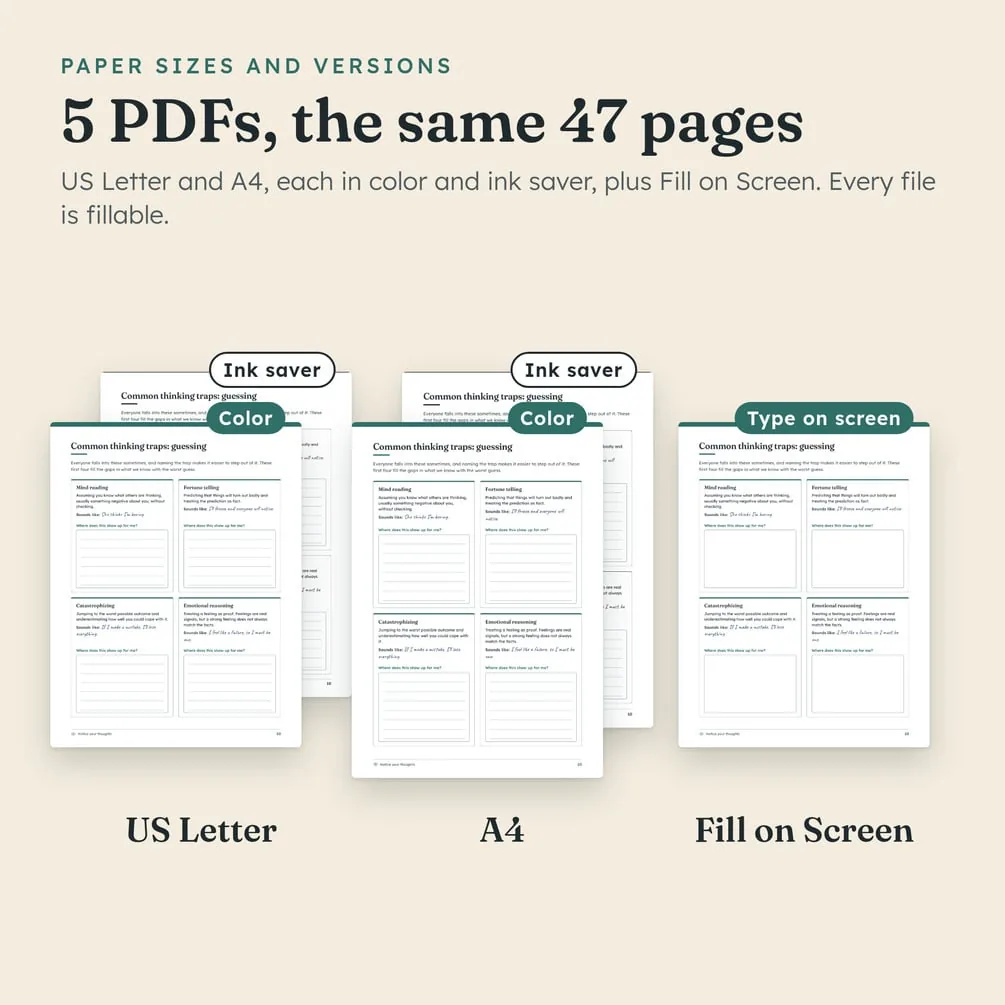 The five PDF versions: US Letter and A4, each in color and ink saver, and one for filling in on screen.