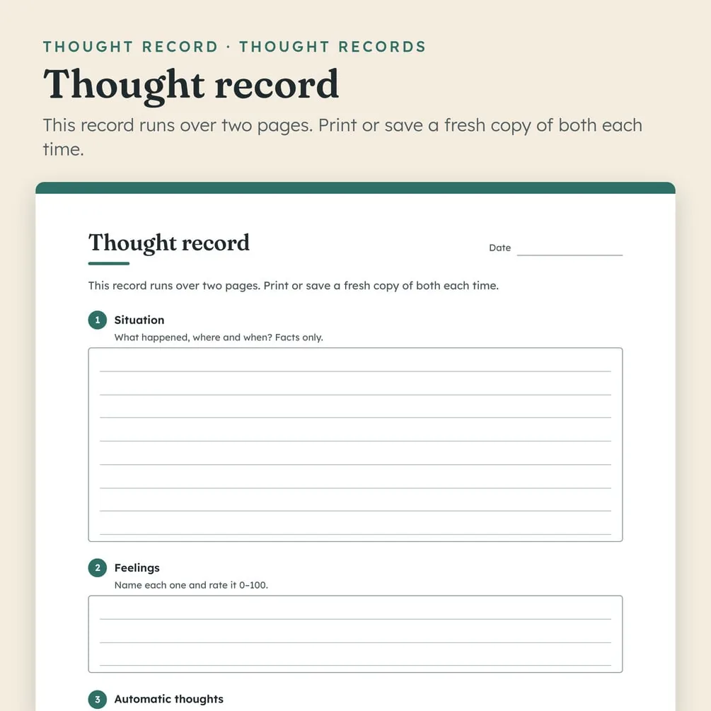 A close-up of the first Thought record page, with boxes for the situation, your feelings and your automatic thoughts.
