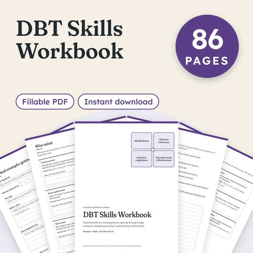 The DBT Skills Workbook cover: 86 pages, a fillable PDF and an instant download, in front of a spread of its worksheets.