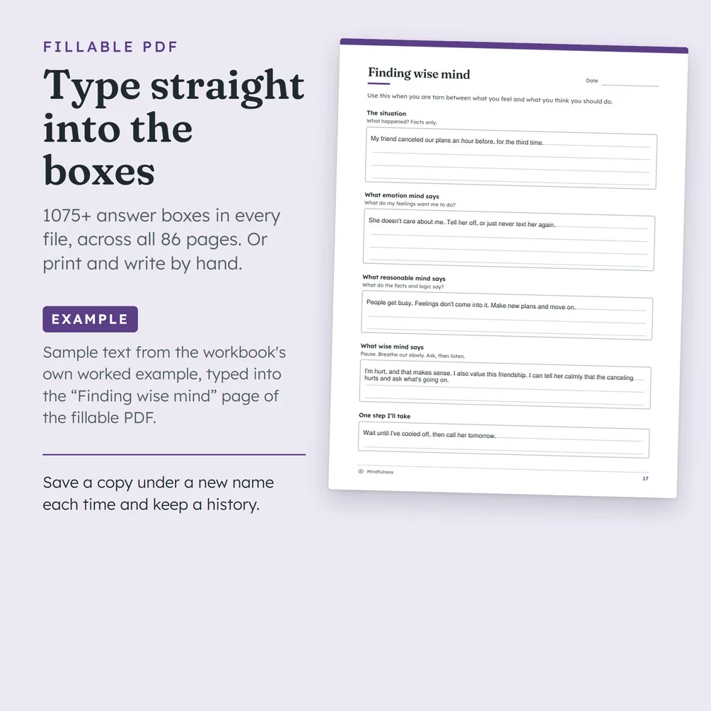 The Finding wise mind worksheet with sample answers typed into its fillable boxes.