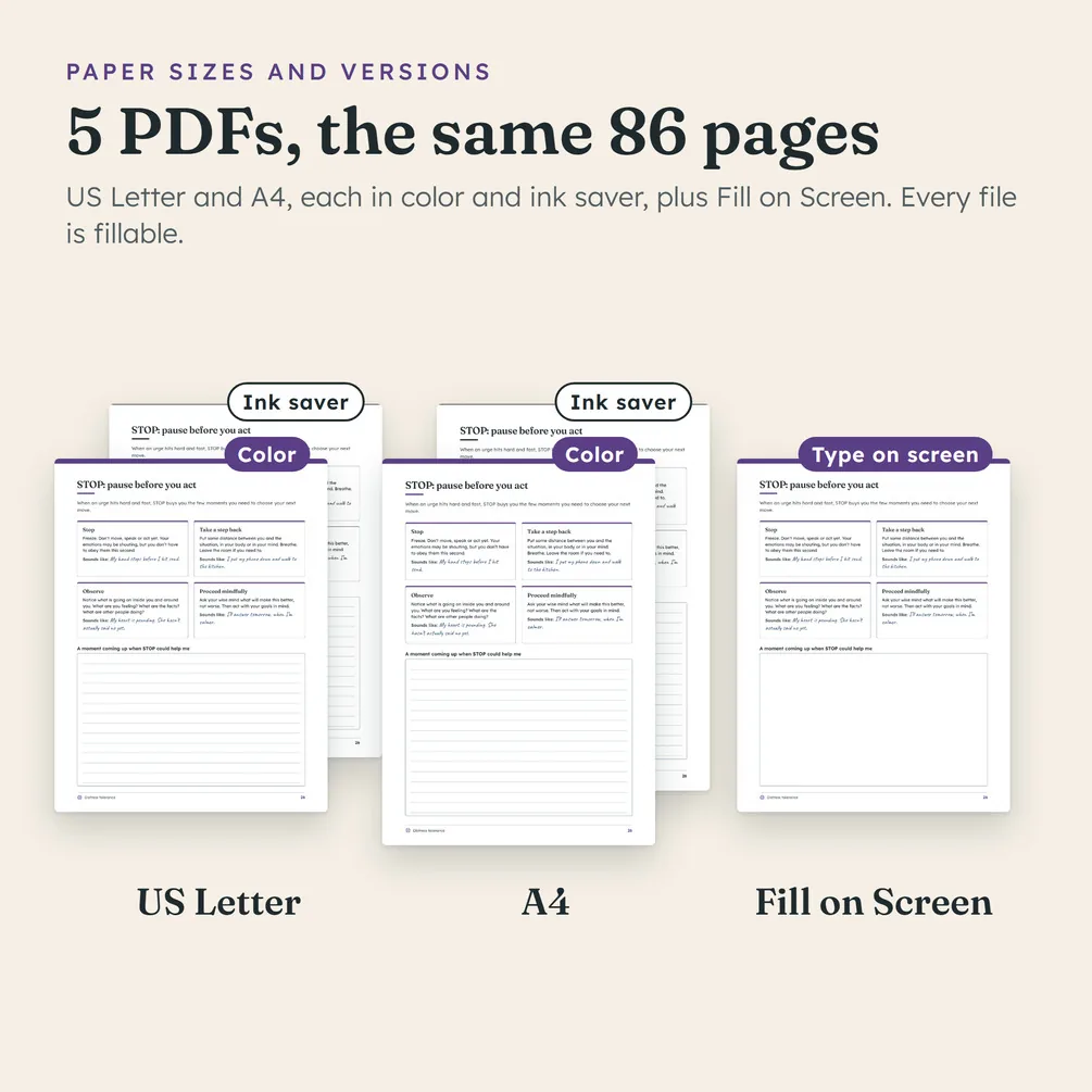 The five PDF versions: US Letter and A4, each in color and ink saver, and one for filling in on screen.