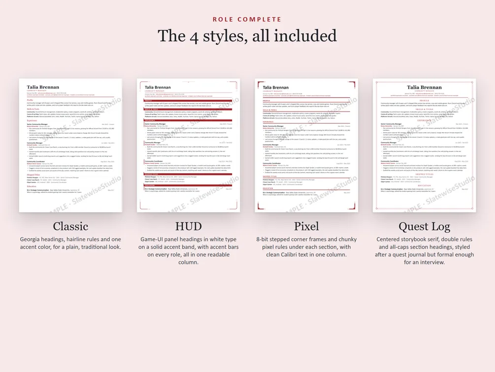 The four styles of the Community Manager resume side by side: Classic, HUD, Pixel and Quest Log.