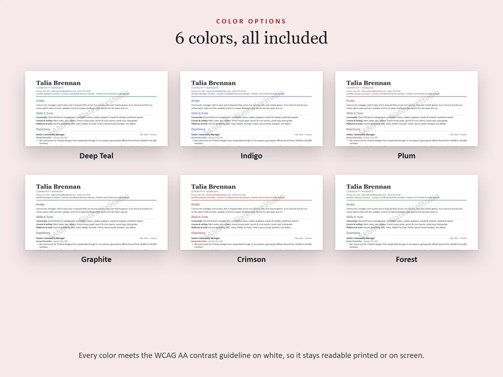 The six colors each resume comes in: Deep Teal, Indigo, Plum, Graphite, Crimson and Forest.
