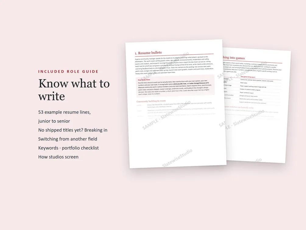 Pages from the Community Manager role guide, with example resume lines and advice on what to write.
