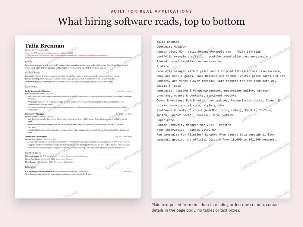 A sample Community Manager resume next to the plain text pulled from the file, in the same order.