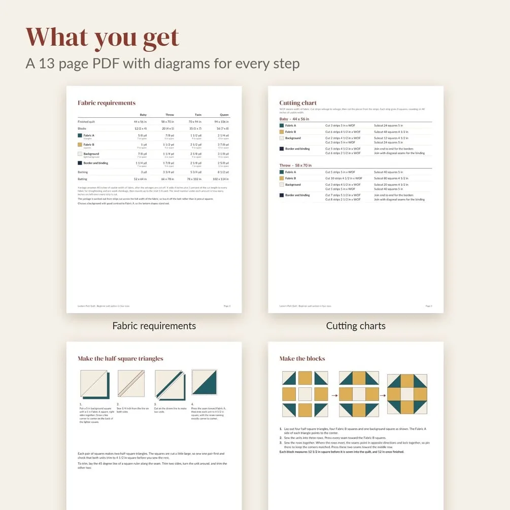 What you get: a 13-page PDF with fabric requirements, cutting charts and diagrams for the half-square triangles and the block.
