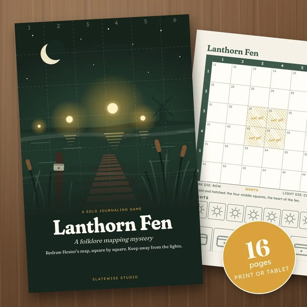 The Lanthorn Fen cover: a wooden walkway into a fen at night under a crescent moon, with small lights over the reeds, marked as a 16-page zine for print or tablet.