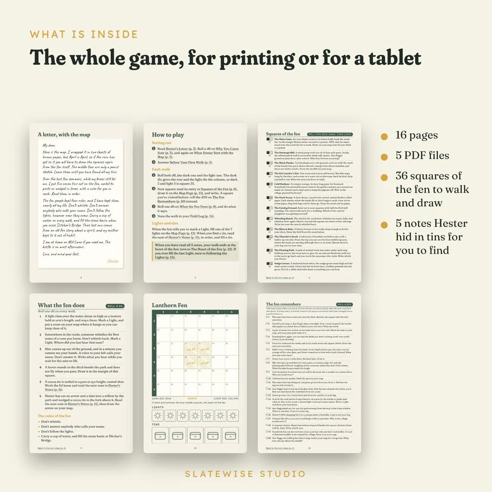 What's inside: 16 pages in 5 PDF files, with 36 squares of the fen to walk and draw and 5 notes Hester hid in tins.