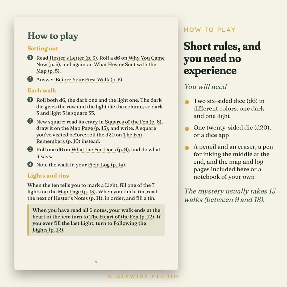 The How to play page, with setting out, each walk, and the lights and tins, beside what you need: two six-sided dice, a twenty-sided die or a dice app, and a pencil.