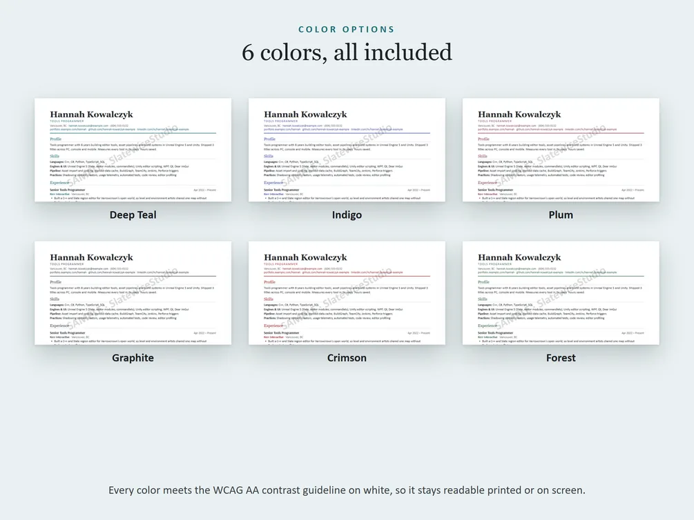 The six colors each resume comes in: Deep Teal, Indigo, Plum, Graphite, Crimson and Forest.