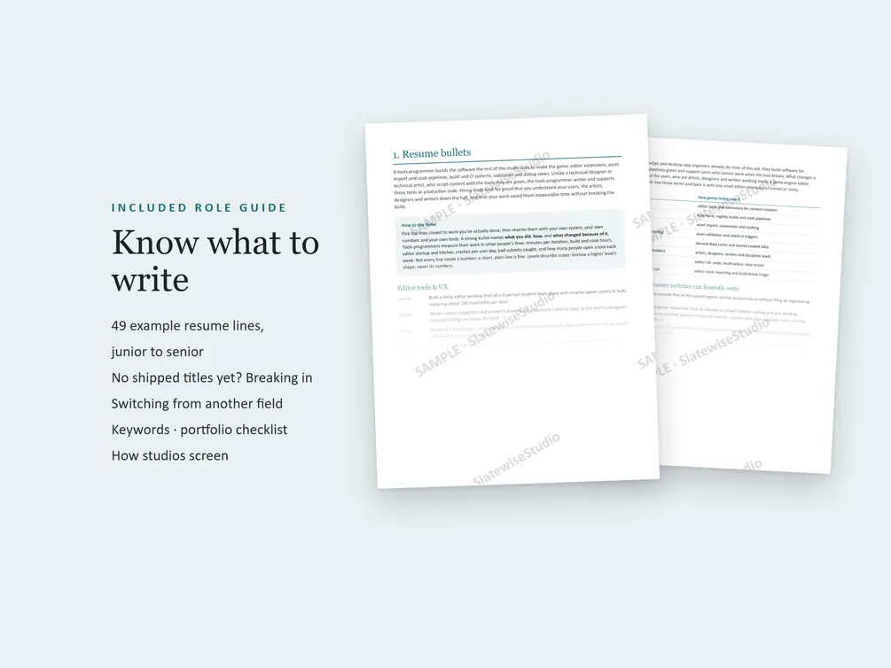 Pages from the Tools Programmer role guide, with example resume lines and advice on what to write.