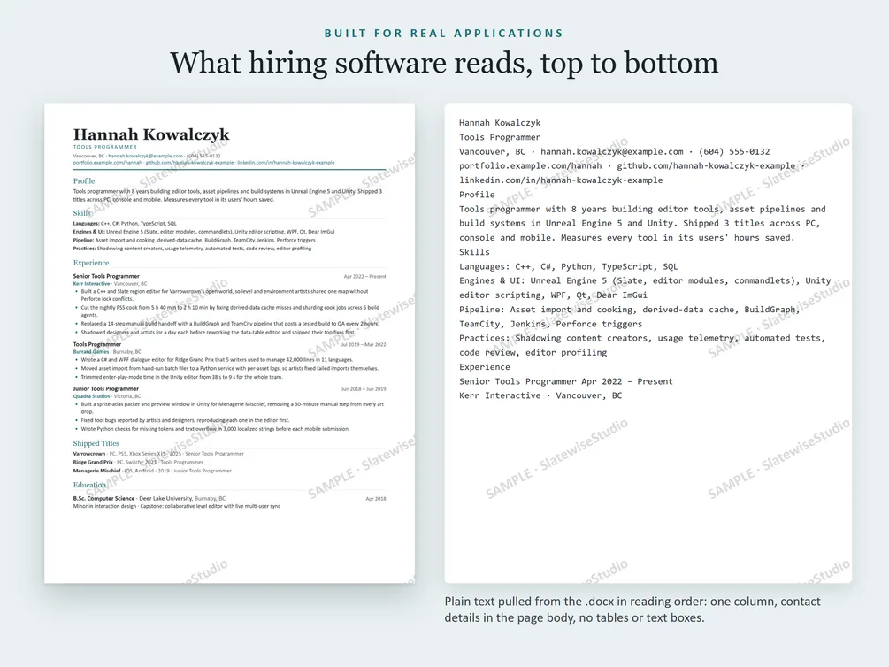 A sample Tools Programmer resume next to the plain text pulled from the file, in the same order.