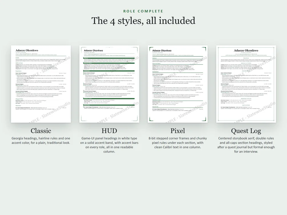 The four styles of the Technical Designer resume side by side: Classic, HUD, Pixel and Quest Log.