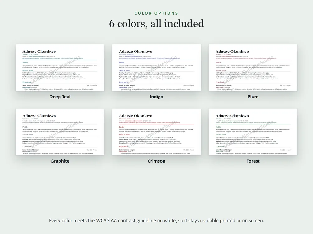 The six colors each resume comes in: Deep Teal, Indigo, Plum, Graphite, Crimson and Forest.
