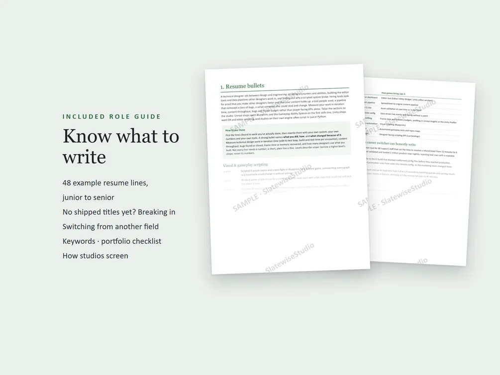 Pages from the Technical Designer role guide, with example resume lines and advice on what to write.