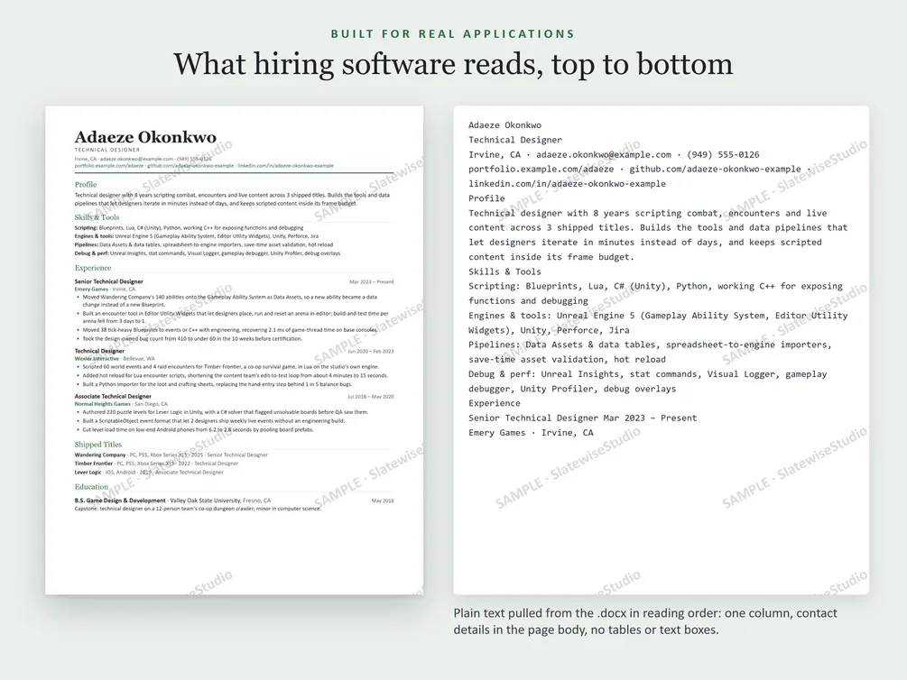 A sample Technical Designer resume next to the plain text pulled from the file, in the same order.