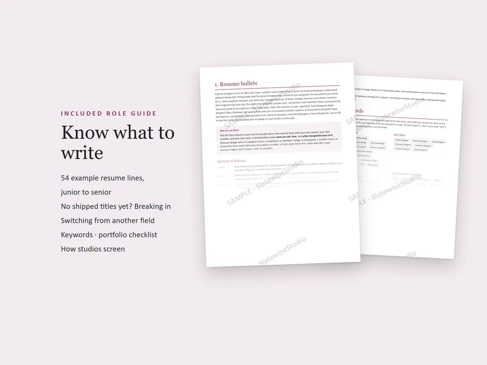 Pages from the Game Designer role guide, with example resume lines and advice on what to write.