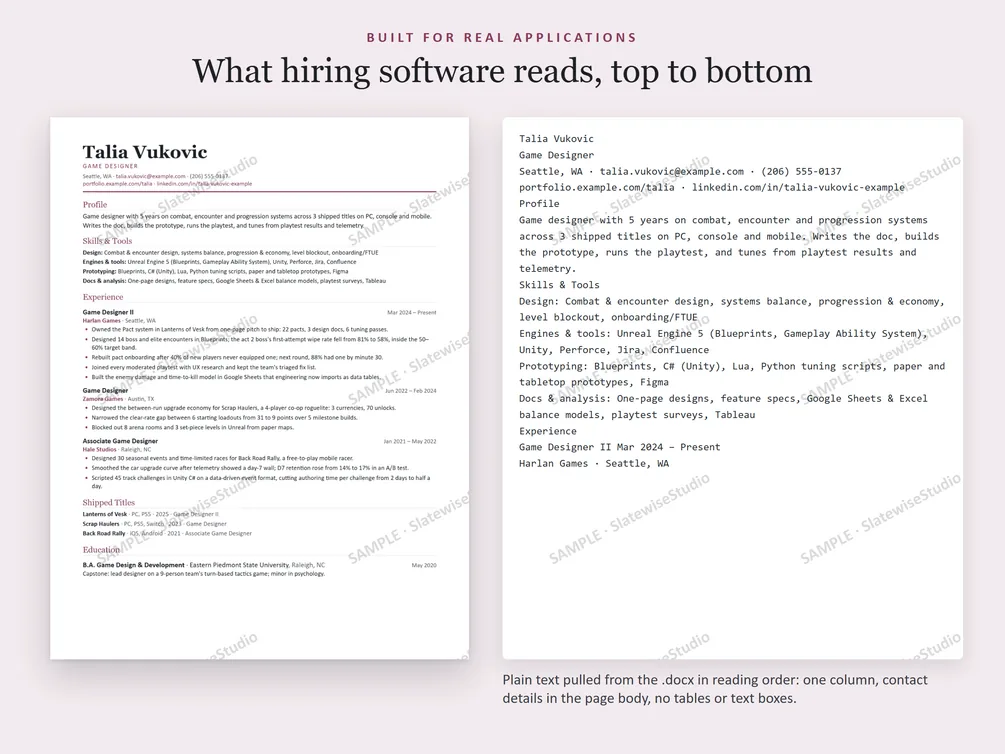 A sample Game Designer resume next to the plain text pulled from the file, in the same order.