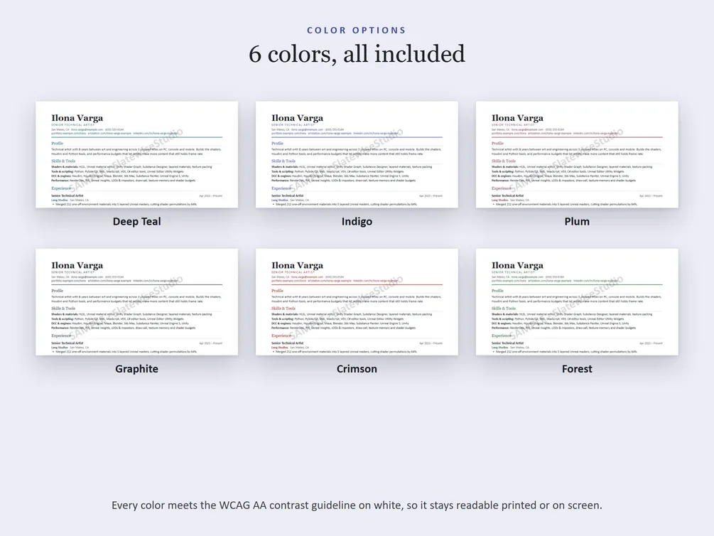 The six colors each resume comes in: Deep Teal, Indigo, Plum, Graphite, Crimson and Forest.