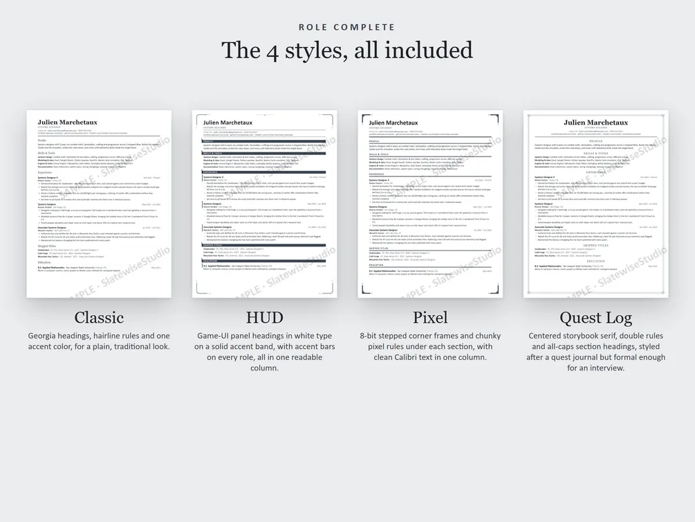 The four styles of the Systems Designer resume side by side: Classic, HUD, Pixel and Quest Log.
