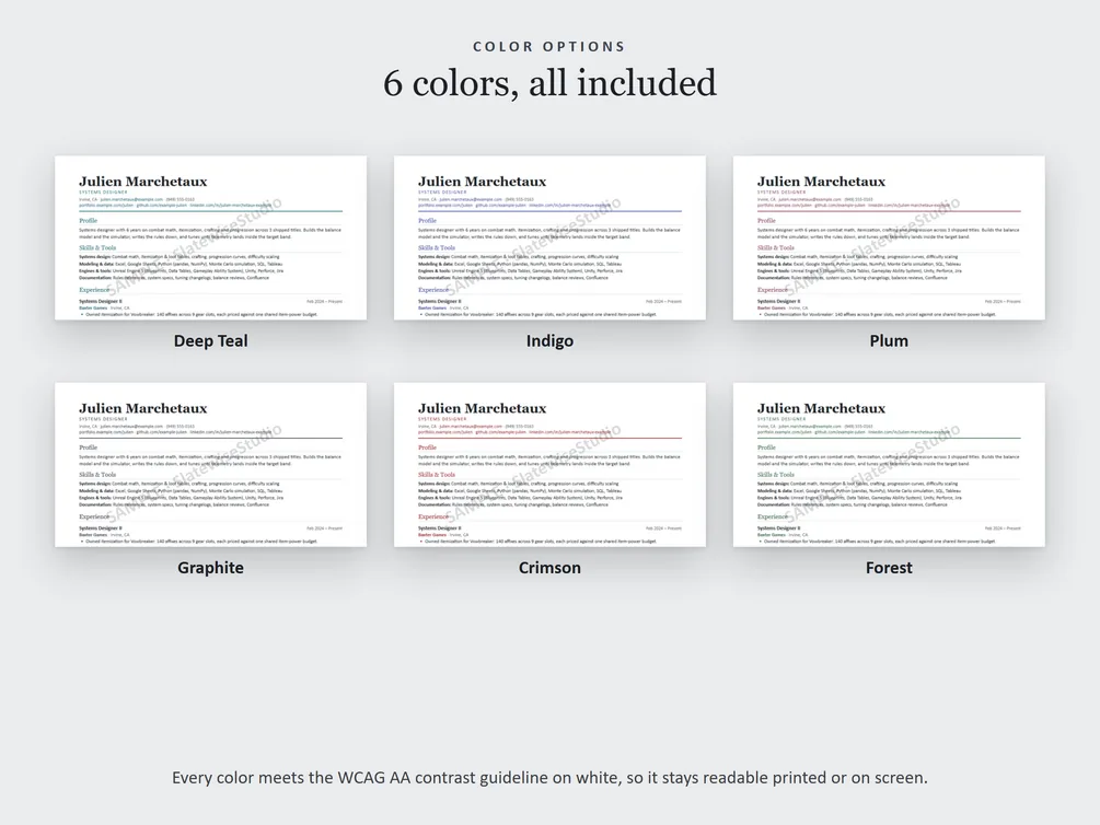 The six colors each resume comes in: Deep Teal, Indigo, Plum, Graphite, Crimson and Forest.