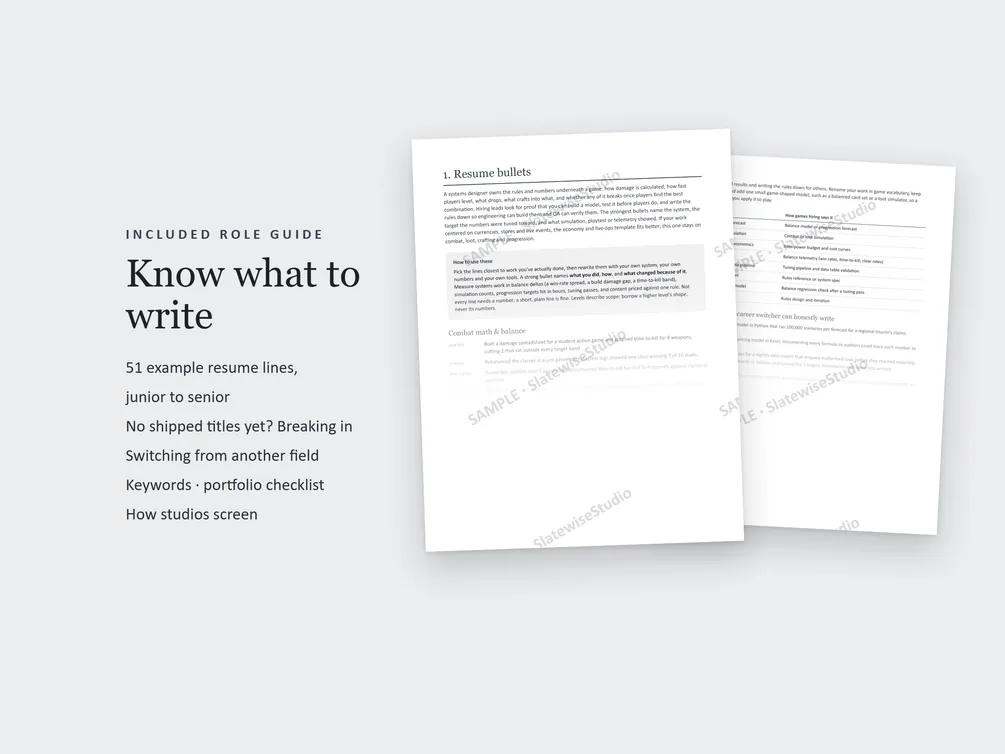Pages from the Systems Designer role guide, with example resume lines and advice on what to write.
