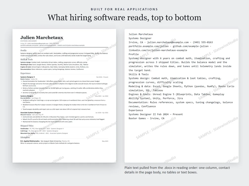 A sample Systems Designer resume next to the plain text pulled from the file, in the same order.