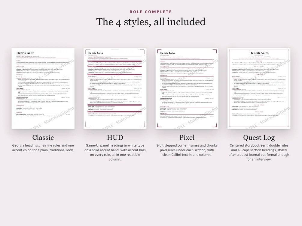 The four styles of the Sound Designer resume side by side: Classic, HUD, Pixel and Quest Log.