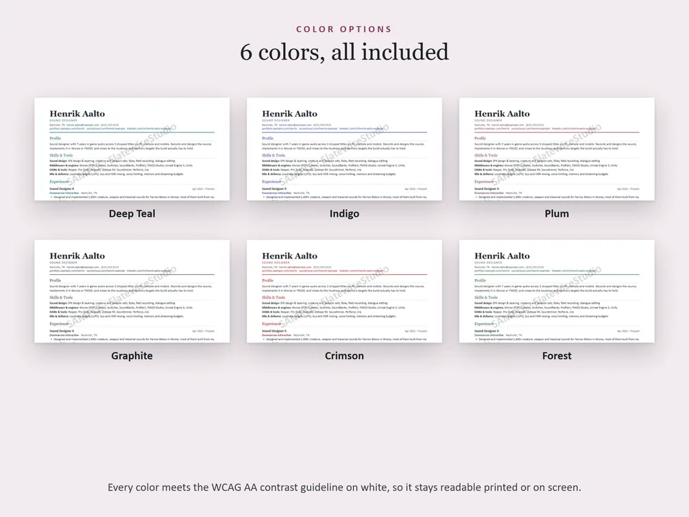 The six colors each resume comes in: Deep Teal, Indigo, Plum, Graphite, Crimson and Forest.