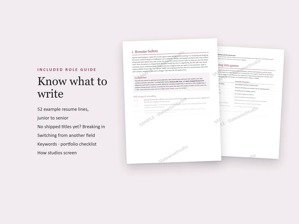 Pages from the Sound Designer role guide, with example resume lines and advice on what to write.