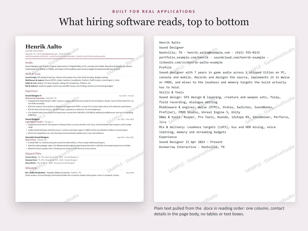 A sample Sound Designer resume next to the plain text pulled from the file, in the same order.
