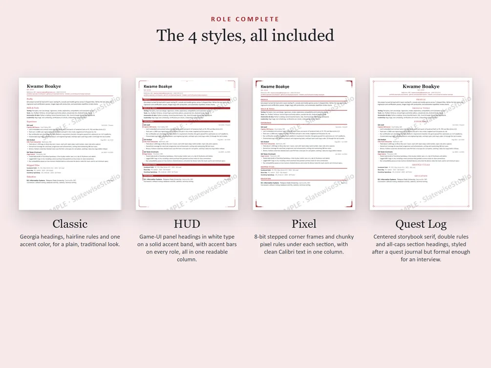 The four styles of the QA Tester resume side by side: Classic, HUD, Pixel and Quest Log.